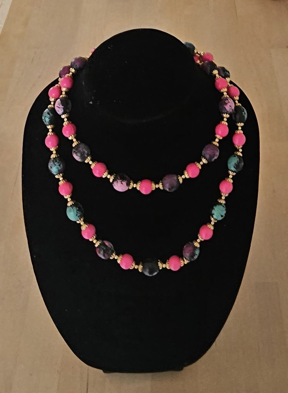 Vintage Pink, Purple, Swirl Acrylic Bead Gold Tone Accents Statement Necklace